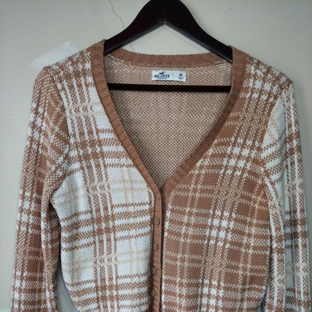 Hollister-co Women's Tan and Brown button up Preppy Cardigan